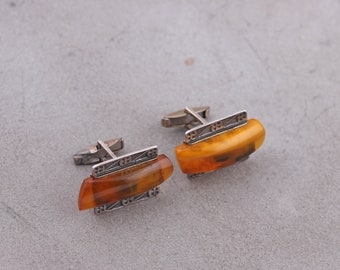 Silver cufflinks with Baltic amber. Brutalist design. Bright orange stone. Gift for him. Classic suit accessories. Jewelry for man