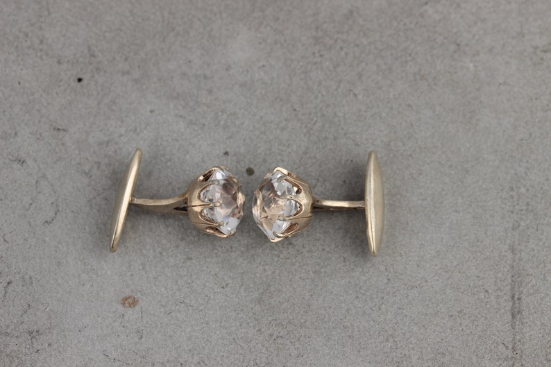 Vintage Quartz cufflinks Vintage gift for men Whale back round cufflinks Natural Rock crystal gemstone Gold-plated sterling silver 875