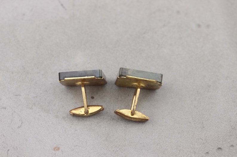 Whale back square cufflinks Vintage mens gift Mid-century geometric style Brass cufflinks Classic accessories Natural green stone jasper