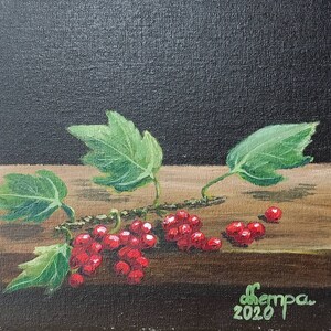 Bayas de grosellas rojas Pintura original Acrílico Decoración del hogar Pintura sobre lienzo Tablero Arte Tamaño de obra 8 por 8 pulgadas (20 por 20 cm)