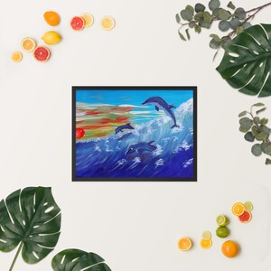 Ingelijste poster, Dolphin Games, Sea Wave, kunst aan de muur, Home Decor, Art Prints, Wit Blauw Oranje Decor, Kleurrijke kunst