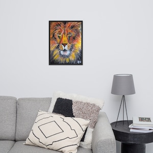 Pôster emoldurado, leão gentil, arte de parede, decoração de casa, impressões artísticas, decoração branca laranja preta, arte colorida