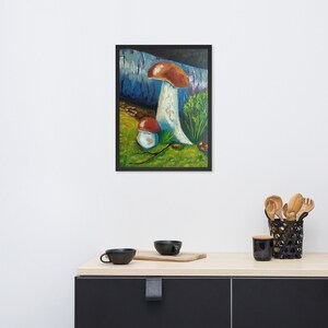 Pôster emoldurado, cogumelos de outono, arte de parede, decoração de casa, impressões artísticas, decoração branca azul preta verde, arte colorida