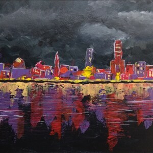 Città al paesaggio notturno / Pittura acrilica su carta ruvida / Dipinto fatto a mano originale dimensioni 16 x 12 pollici (40 x 30 cm) / Oggettistica per la casa /Arte regalo