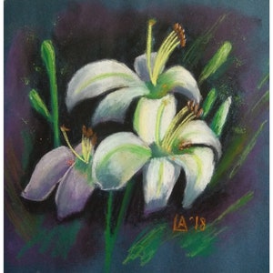 Weiße Lilie Malerei Blume Original Kunst |Stillleben Soft Pastell Farbe auf strukturiertem Papier Größe 34 x 33cm |Geschenk Malerei | Blühende Blumenkunst