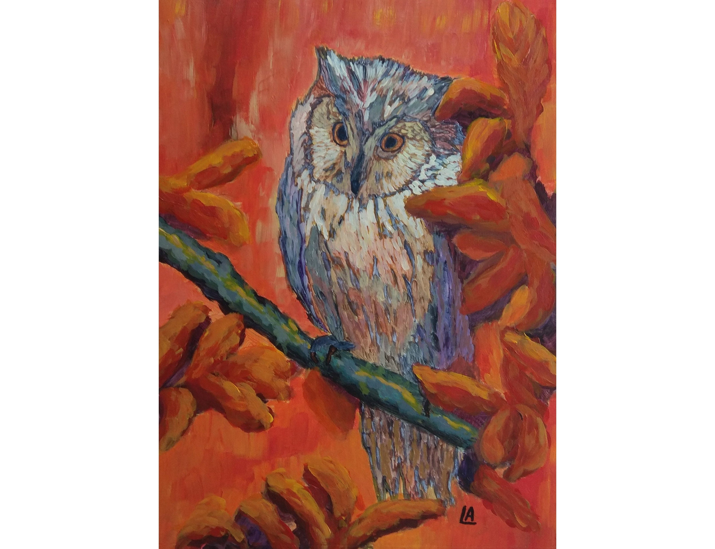 Smart Owl Painting Bird of Night Original Art | Wild Beast Artwork gift | Animal Art Acrylic Paintin
