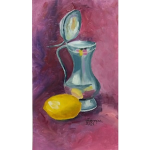 Jarra con limón / Arte de pintura original / Naturaleza muerta Pintura al óleo sobre cartón Tamaño de obra de arte 9 por 16 pulgadas (24 por 40 cm) / Regalo de arte de retrato