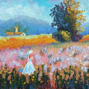 Promenade Original Art Tuscany Painting Girl Walking Paint / Pintura acrílica sobre lienzo tablero Textura Arte tamaño 16 por 12in / Decoración del hogar