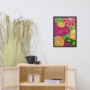 Gerahmtes Poster, Crazy Fruits, Tropic Fruit, Wandkunst, Wohnkultur, Kunstdrucke, weiß, blau, schwarz, rosa, gelb, grün, Kunst