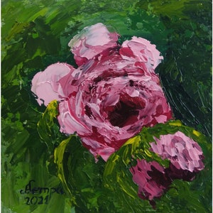 Flor de pintura de peonía / Arte original Arte de agua Pintura acrílica sobre cartón tamaño 8 por 8 en / Arte de pared de oficina de peonía / Decoración de pared de flora