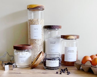 Glass Storage Jar With Personalised White Waterproof Label And Natural acacia Wood Lid  - Choice Of Sizes - Kitchen Pantry Storage Container