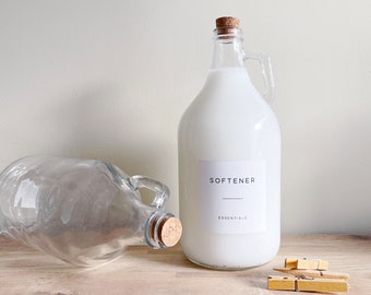 Refillable 1.9L Glass Demijohn Bottle With White Personalised Waterproof Minimalist Label And Cork Stopper - Laundry / Utility Organisation