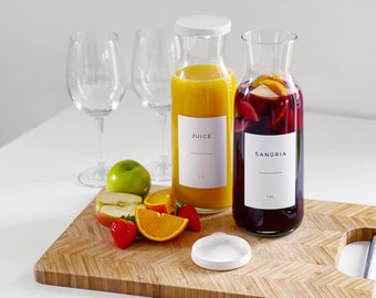 Refillable 1.2 L Glass Carafe With White Personalised Waterproof Minimalist Label - Fridge Organisation - Fridgescaping