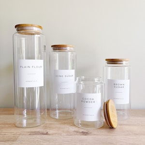 Traditional Style Glass Kitchen Storage Jar With White Waterproof Personalised Label And Natural Bamboo Lid  - Choice Of Sizes