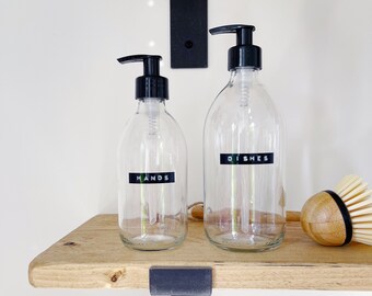 Clear Glass Refillable Bottle With Black Retro Stamped Personalised Label And BlacK Pump Dispenser - Choice Of Sizes