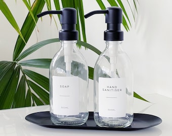 Refillable Clear Glass Bottle With White Waterproof Personalised Label And Metal Pump Dispenser - Kitchen And Bathroom Accessories