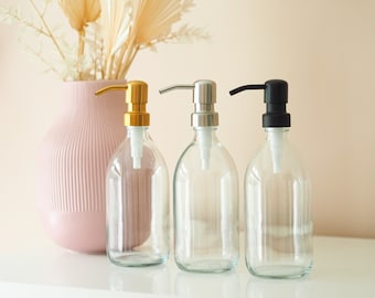 Clear Glass Refillable Bottle With Black, Gold Or Silver Metal Pump Dispenser - Kitchen And Bathroom Accessories - Choice Of Sizes