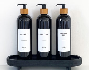 Refillable Black Plastic Bottle With Personalised White Waterproof Minimalist Label And Bamboo Pump - Kitchen And Bathroom Accessories