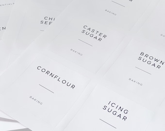 May include: White labels with black text for various baking ingredients, including caster sugar, brown sugar, icing sugar, plain flour, and cornflour. The labels are printed with the word "Baking" at the bottom.