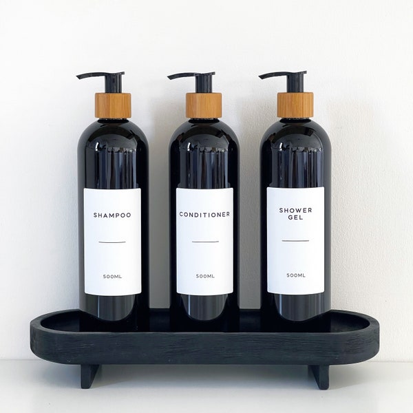 Refillable Black Plastic Bottle With Personalised White Waterproof Minimalist Label And Bamboo Pump - Kitchen And Bathroom Accessories