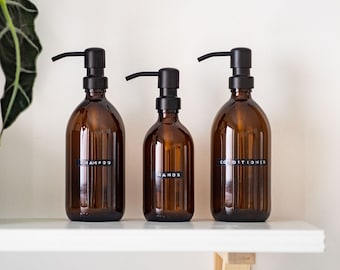 Amber Glass Or Plastic Refillable Bottle With Personalised Retro Stamped Label And Metal Pump Dispenser - Choice Of Sizes