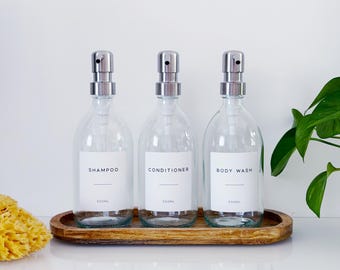 Set Of 3 Clear Bottles - Glass Or Plastic - Shampoo, Conditioner & Body Wash - Silver Metal Pumps