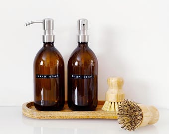 Set Of 2 Amber Bottles - Glass Or plastic - Hand Soap & Dish Soap - Silver Metal Pumps