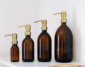 Amber Bottle With Brushed Pale Gold Metal Pump Dispenser - Choice Of Sizes - Glass Or Plastic - Refillable - Kitchen And Bathroom Bottles