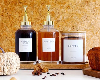 Set Of 2 Syrup Bottles & Glass Jar - Choice Of Labels - Autumn Winter Drinks Station
