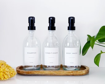 Set Of 3 Clear Bottles - Glass Or Plastic - Shampoo, Conditioner & Body Wash - Black Metal Pumps