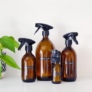 Botella pulverizadora de vidrio ámbar o plástico con gatillo y etiqueta personalizada estampada - Cocina y baño