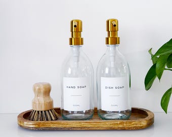 Set Of 2 Clear Bottles - Glass Or Plastic - Hand Soap & Dish Soap - Gold Metal Pumps