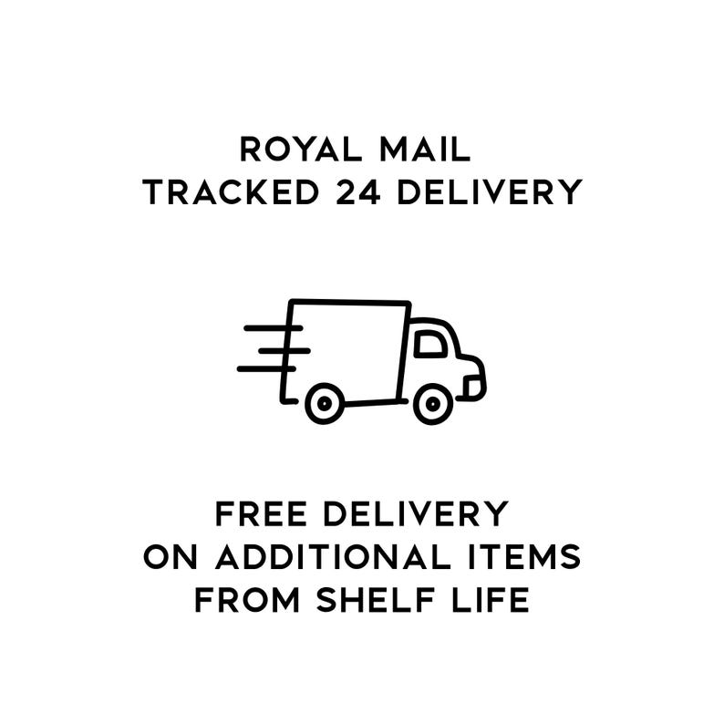 May include: Black and white graphic of a delivery truck with text that reads "ROYAL MAIL TRACKED 24 DELIVERY" and "FREE DELIVERY ON ADDITIONAL ITEMS FROM SHELF LIFE."