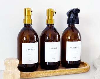 Set Of 3 Amber Bottles - Glass Or Plastic - Hands, Dishes And Surfaces - Metal Pump Dispensers & Trigger Spray