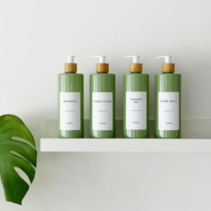 Refillable Sage Green Plastic Bottle With Personalised White Waterproof Minimalist Label And Bamboo Pump