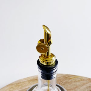 Glass Oil / Vinegar Pourer Bottle Personalised With A White Water And Oil Resistant Label 350ml or 500ml Choice Of Pourer Colour Gold Brass