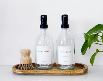 Set Of 2 Clear Bottles - Glass Or Plastic - Hand Soap & Dish Soap - Black Metal Pumps