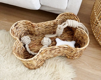 Pet Storage Baskets - Bone Shaped Natural Woven Water Hyacinth - Eco Friendly Storage - Dog And Cat Toy Basket