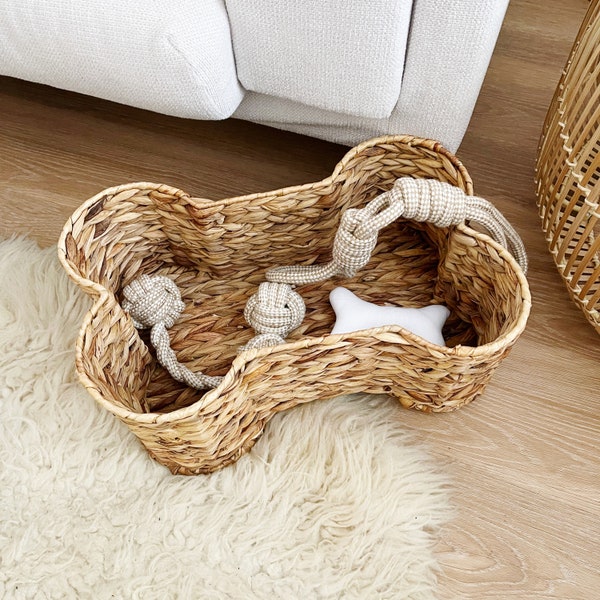 Pet Storage Baskets - Bone Shaped Natural Woven Water Hyacinth - Eco Friendly Storage - Dog And Cat Toy Basket