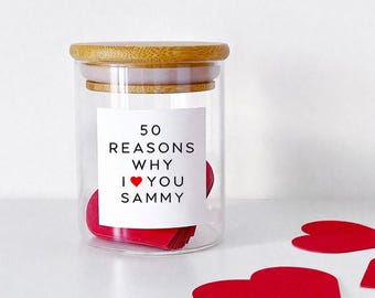 50 Reasons Why I/We Love You Jar - Personalised - 50th Birthday Gift - Optional Hearts