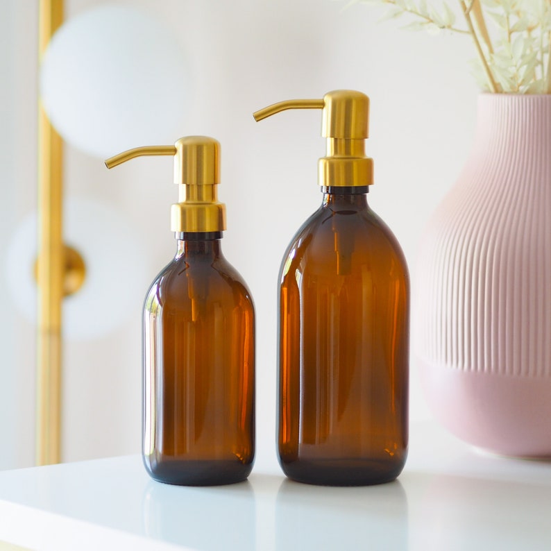 Amber Glass Refillable Bottle With Metal Pump Dispenser Etsy