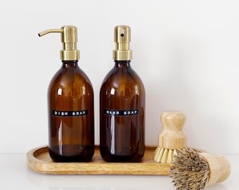 Set Of 2 Amber Bottles - Glass Or plastic - Hand Soap & Dish Soap - Light Brushed Gold Metal Pumps