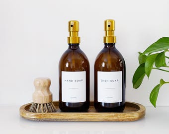 Set Of 2 Amber Bottles - Glass Or Plastic - Hand Soap & Dish Soap - Gold Metal Pumps