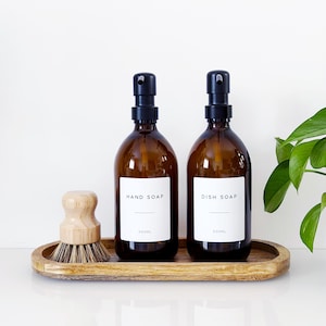 Set Of 2 Amber Bottles - Glass Or Plastic - Hand Soap & Dish Soap - Black Metal Pumps