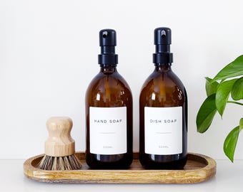 Set Of 2 Amber Bottles - Glass Or Plastic - Hand Soap & Dish Soap - Black Metal Pumps