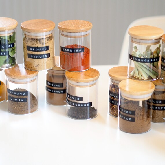 Spice Jars With Labels 100ml Glass Jar With Bamboo Lid 