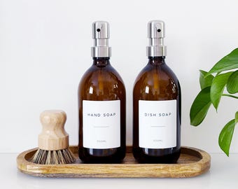Set Of 2 Amber Bottles - Glass Or Plastic - Hand Soap & Dish Soap - Silver Metal Pumps