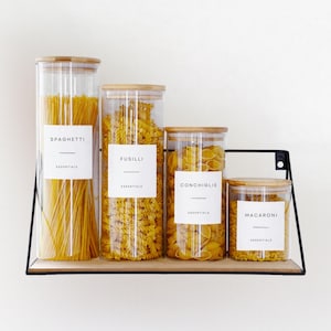 Tarro de cristal personalizado para guardar alimentos en la cocina, con etiqueta impermeable y tapa hermética de bambú.