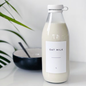 Refillable 1L Glass Milk Bottle With White Waterproof Personalised Minimalist Label Fridge Organisation Fridgescaping image 2
