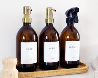 Set Of 3 Amber Bottles - Glass Or Plastic - Hands, Dishes And Surfaces - Metal Pump Dispensers & Trigger Spray